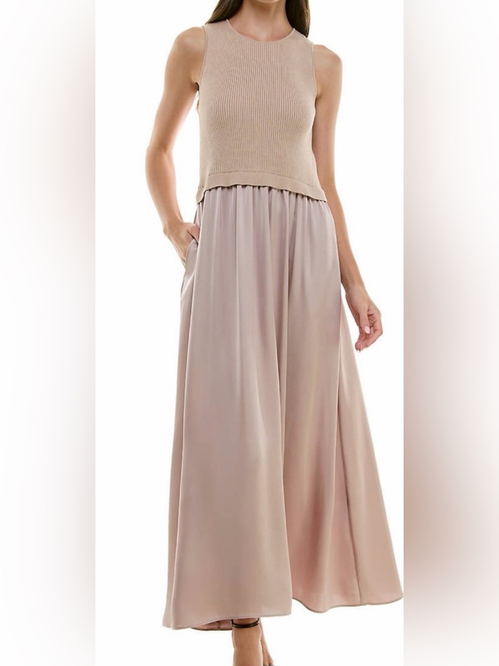 Taylor Neutral Two-Tone A-Line Maxi Dress in Beige and Blush